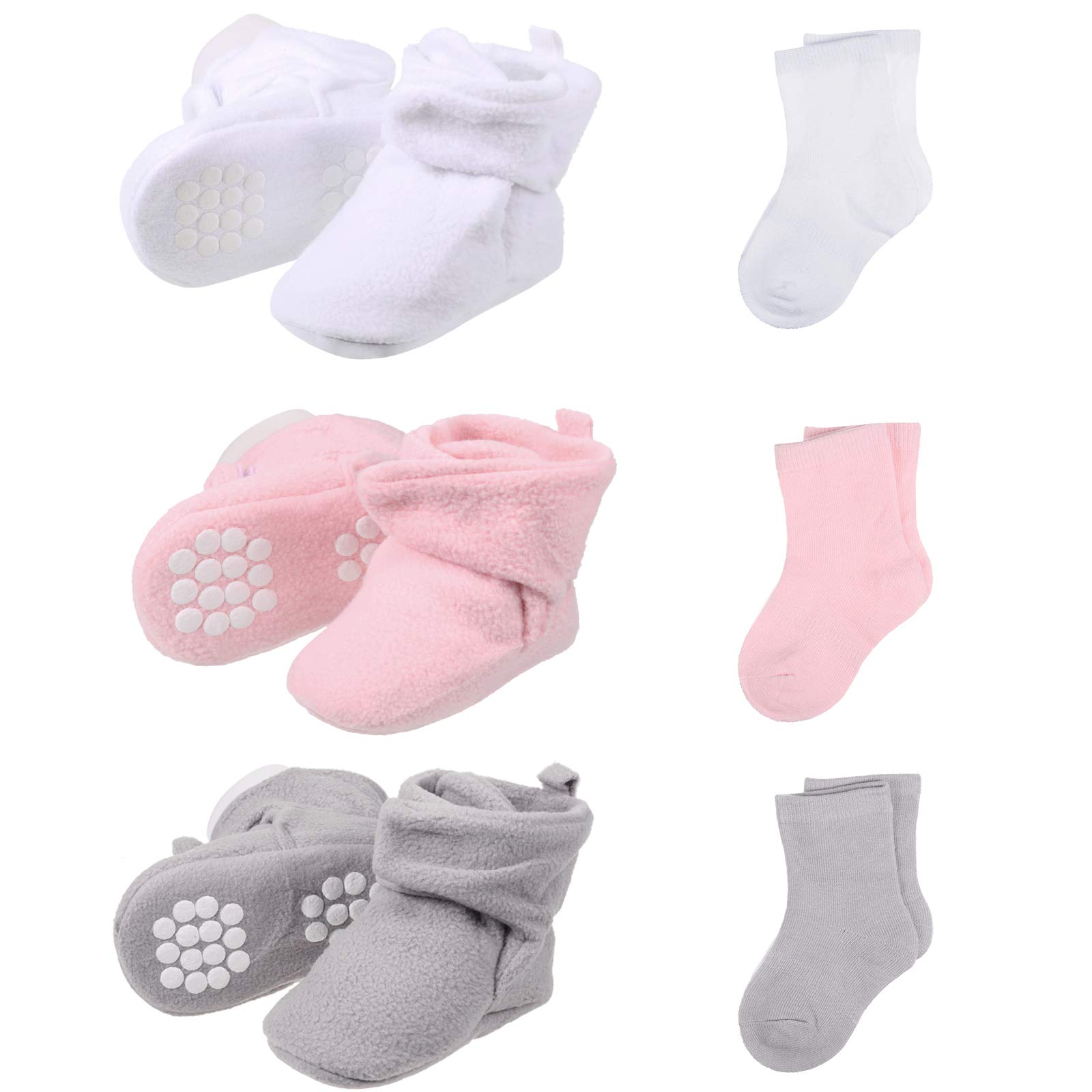 SATINIOR 3 Pairs Unisex Cozy Fleece Baby Booties with 3 Pairs Infant Cotton Socks (White, Gray, Pink,0-6 Months)