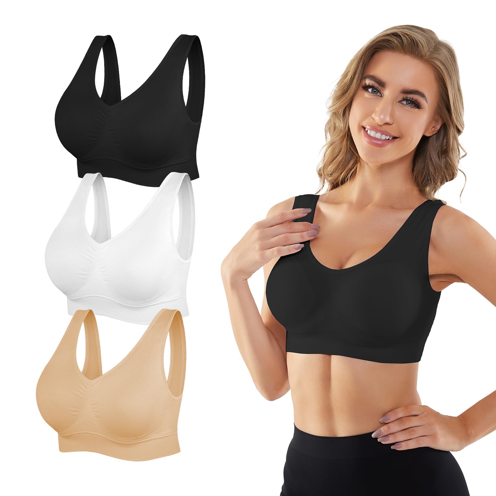 YADIFEN 3 Pack Womens Sports Bras Wireless Comfortable Seamless Sleep Yoga Sports Bras for Women with Removable Pads