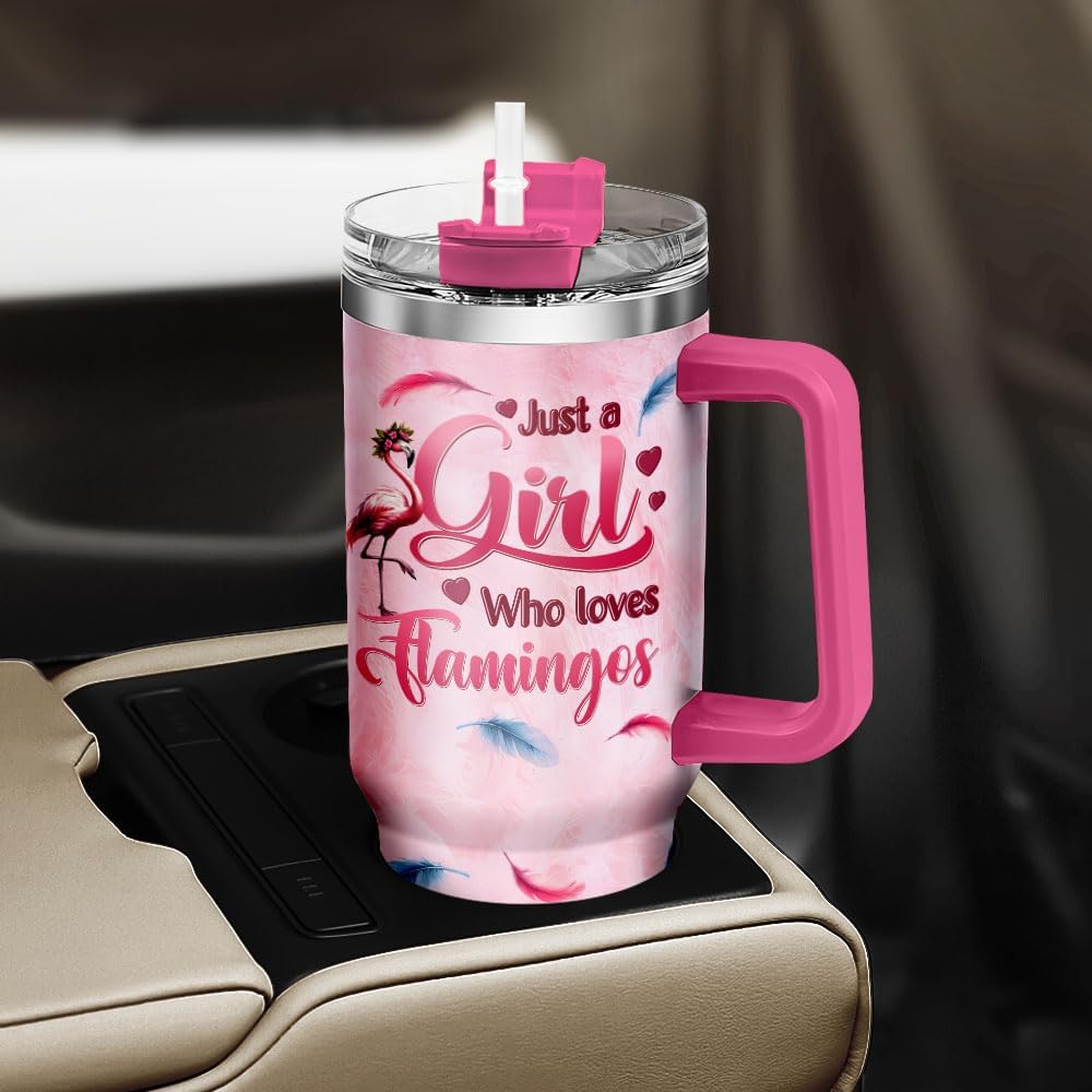 Red Steel Women Adults For Coffee Flower Tumblers Stainless Rose Simple Handle Quartz, Tumbler 40 Oz With Handle Lid And Straw, Funny Flamingo Tropical Floral, Flamingo Gifts - Image 5