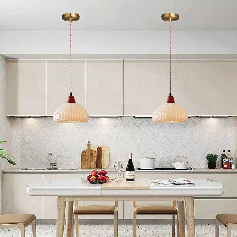 Lampada a sospensione in ceramica bianca a coste, lampada a moderna di metà secolo, lampadario a soffitto in legno rustico della fattoria, tavolo da pranzo for camera letto