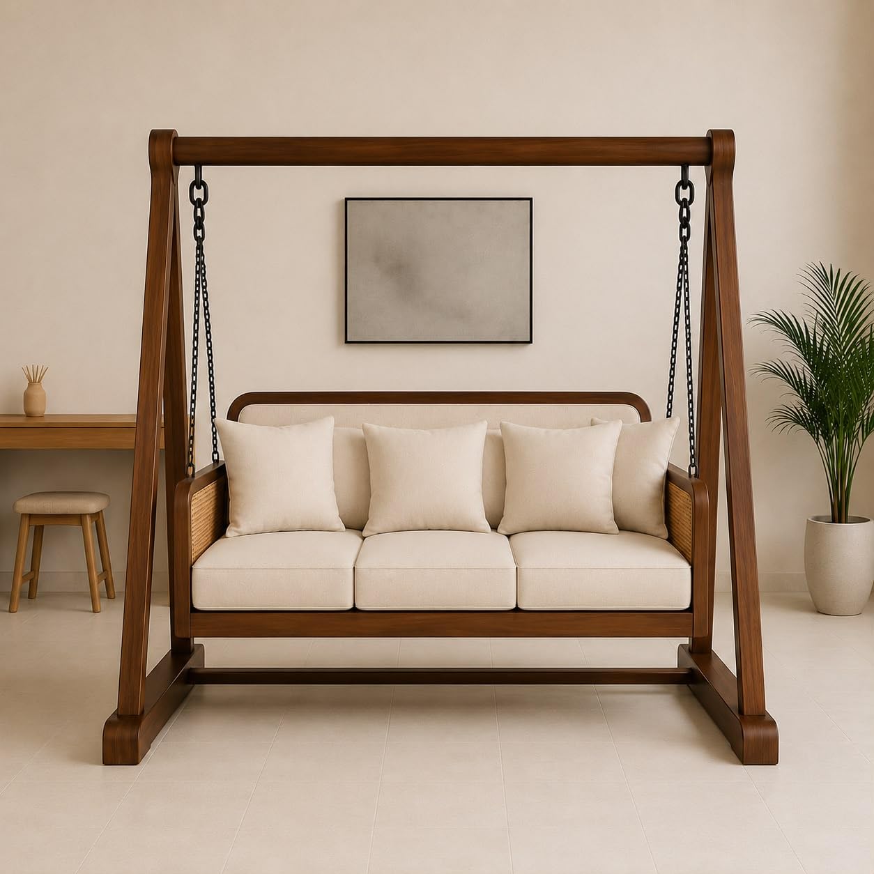 Rajsi Sheesham Wood Swing with Stand | Solid Wood Indoor Jhula with Rattan Side Panels, Cushioned Seat & Pillows | Heavy-Duty Freestanding Swing for Living Room & Balcony (Honey Finish)-image-30