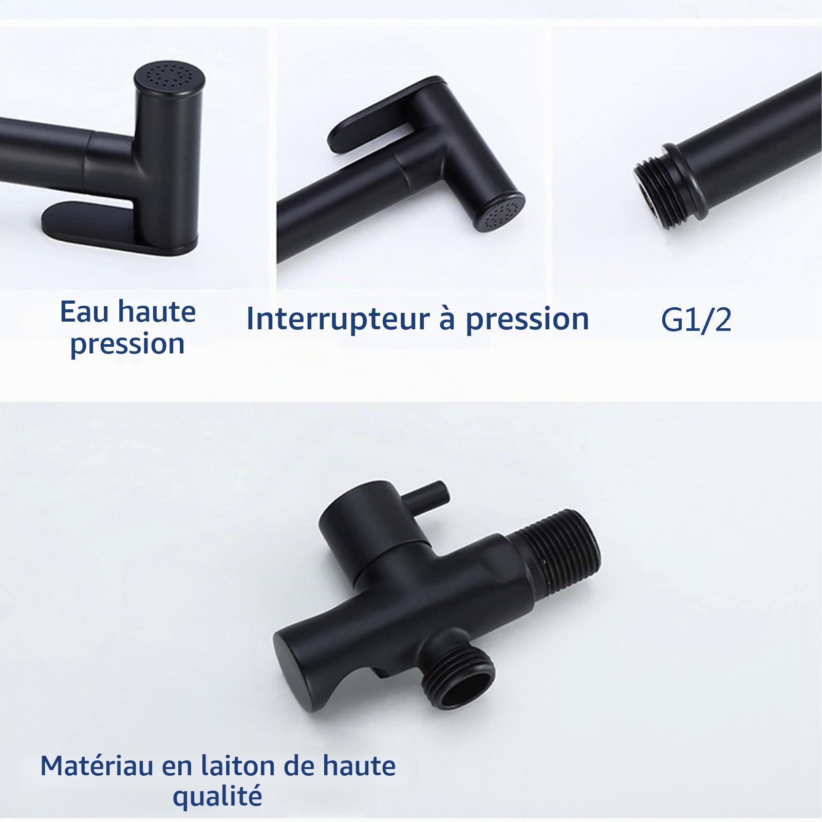 Douchette Toilette WC, Kit Douchette WC avec Tuyau et Support Mural Noir Bidet Toilette Douchette Portatif Eau Froide Laiton pour L'hygiène Personnelle Quotidienne Nettoyage