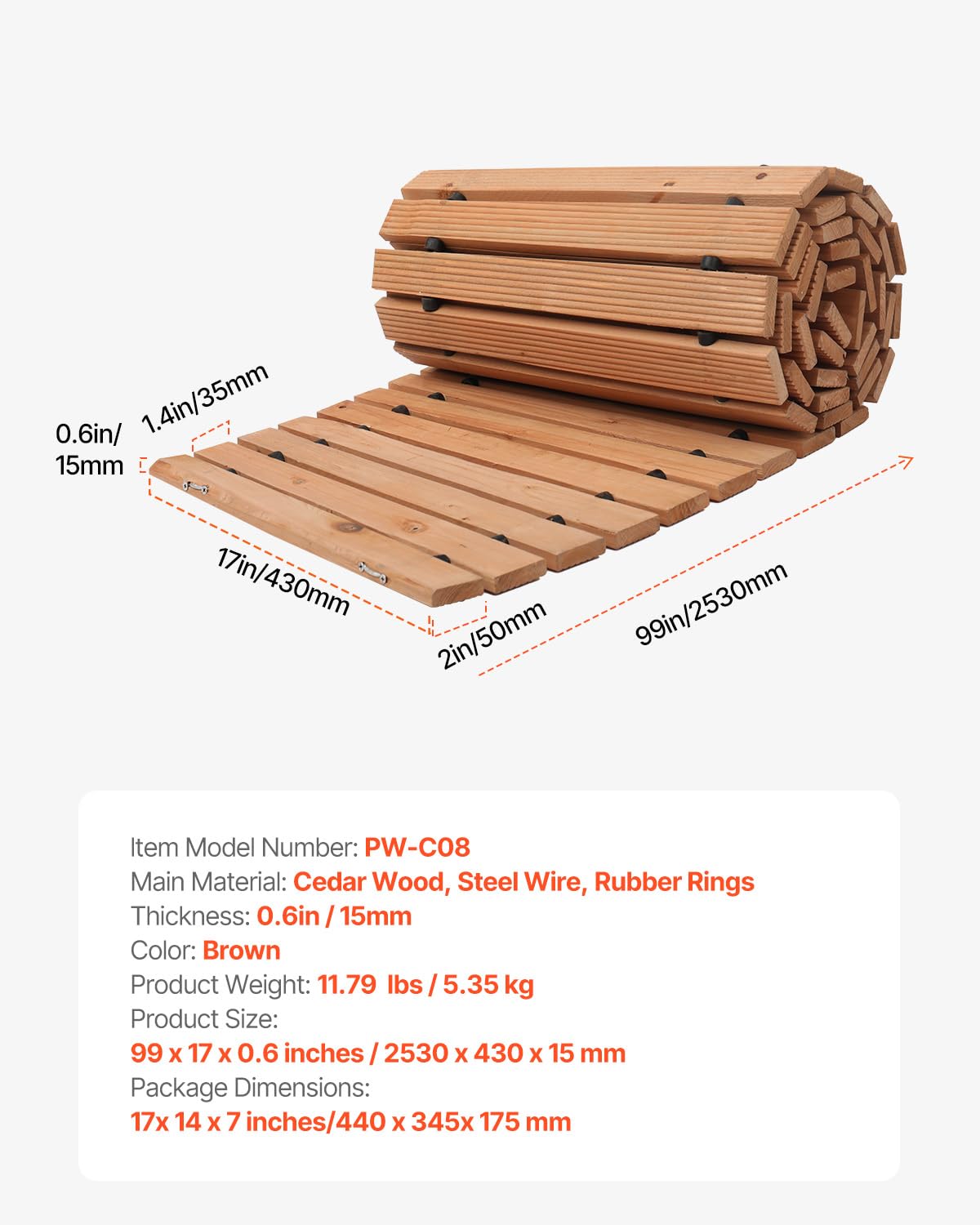 VEVOR Chemin de Jardin en Bois, 253x43 cm, Allée de Jardin Incurvée Déroulante Antidérapante Décorative en Cèdre avec Connexion par Câble Métallique, pour Fêtes, Mariages, Cour, Terrasse, Extérieur