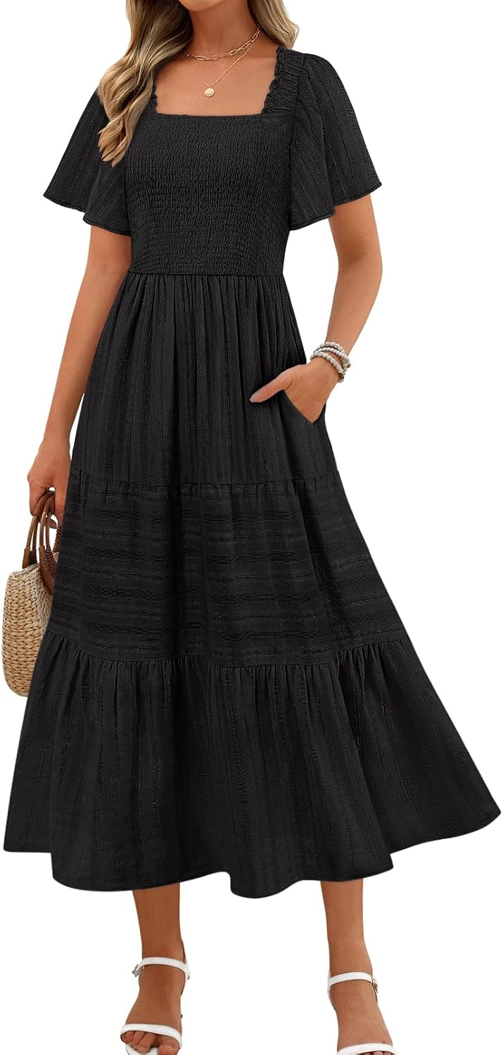 MEROKEETY Women's 2026 Summer Flowy Midi Maxi Dress Short Sleeve Square Neck Smocked Tiered Ruffle Boho Dresses with Pockets