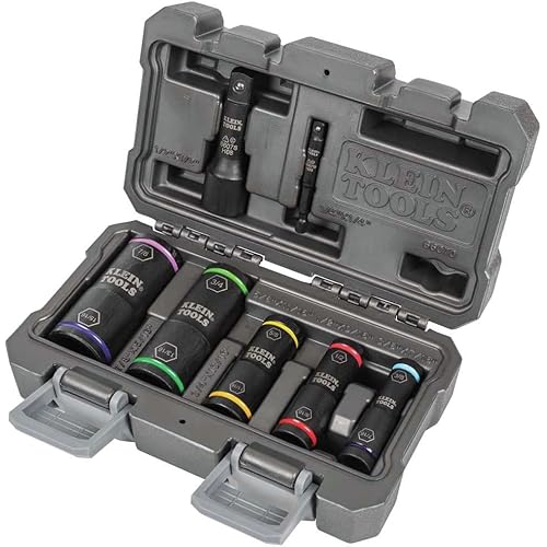 Klein Tools 66070 Impact Socket Set, Five Impact Driver Flip Sockets with 1/4-Inch Hex and 1/2-Inch Square Socket Adapters, 7-Piece