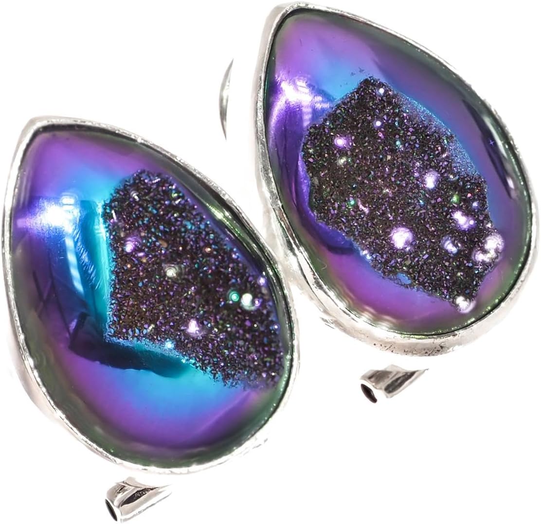 925 Silver Peacock Purple Titanium Druzy Pear Sterling Omega Stud Earrings, 3/4" p86183