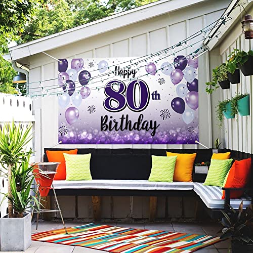 Laskyer Happy 80Th Birthday Purple Large Banner - Cheers To Eighty Years Old Birthday Home Wall Photoprop Backdrop,80Th Birthday Party Decorations. #TOP4