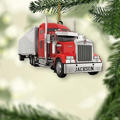 Miniatura 1 de Adorno rojo para semircamión, adornos de construcción, adornos navideños para decoración de Navidad, adornos planos de madera 2D de 3.5 pulgadas,