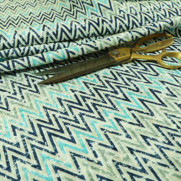 Redbrick Mill Fabrics Flame Retardant Blue Grey Chevron Striped Pattern Shiny Velvet Furnishing Upholstery Fabrics (1 Metre) โ image 1