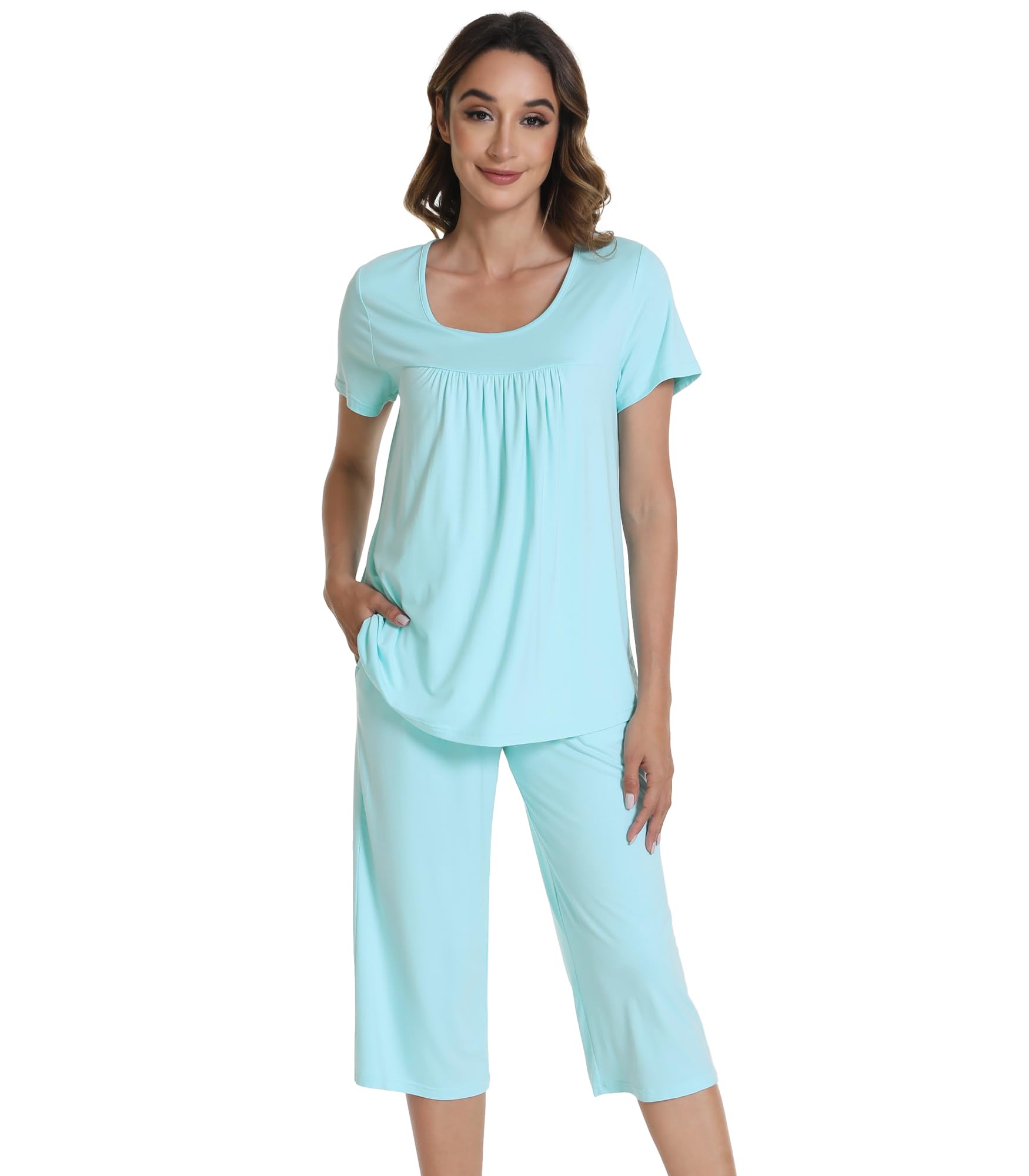 WiWi Pajamas for Women Soft Cooling Short Sleeve Sleepwear with Capri Pants Viscose from Bamboo Pjs Sets S-XXL