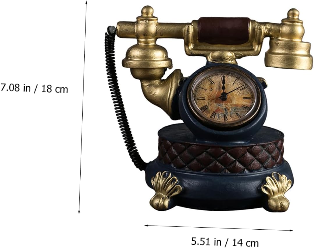 1Pc Retro Resin Telephone Clock Ornament Golden Tabletop Decor for Home Office Creative Vintage Design for Desk Bookshelf Mantel Unique Aesthetic Photo Prop