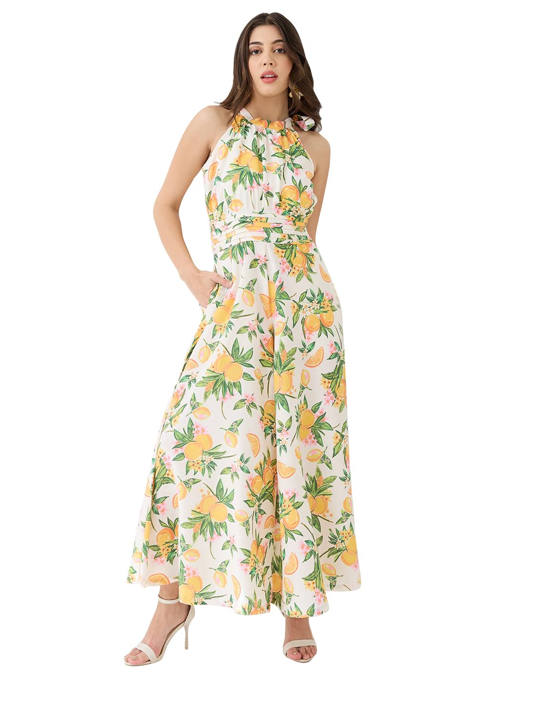 globus Women Floral & Fruit Print Halter Neck Pleated Detail Flared Fusion Jumpsuit-picture-22