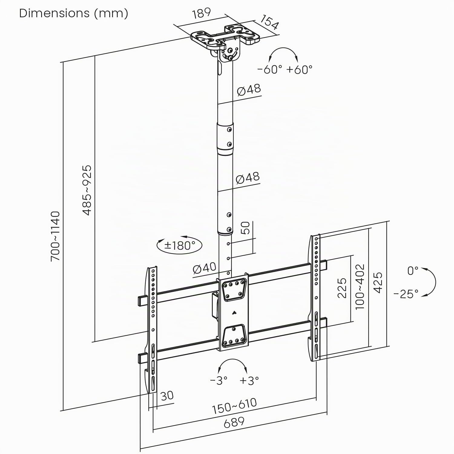 Maclean Support de Plafond pour téléviseur de 43 à 86 ″, capacité de Charge de 60 kg, inclinable, pivotant à 25°, réglable en Hauteur à 180 °, Hauteur réglable de 485 à 925 mm, VESA jusqu'à 600 x 400