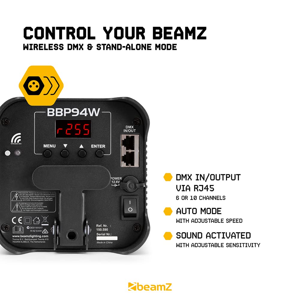 BeamZ BBP94W - Uplighter a batteria senza fili, rondella da parete LED da 48 W con controllo DMX, luce par alimentata a batteria ricaricabile per eventi, illuminazione verticale ed effetti di lavaggio