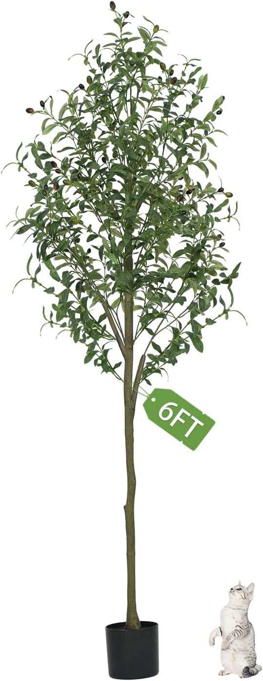 Olive Trees Artificial Indoor, Artificial Olive Tree 6FT Faux Olive Tree for Home Office Decor, Artificial Tree with Realistic Trunk, Branches, Leaves and Fruits, Fake Olive Tree for Gift