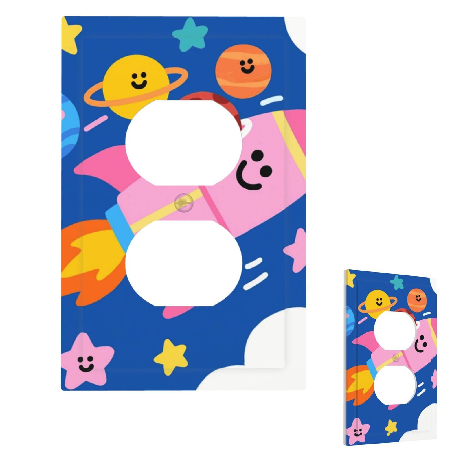 Fekiloot Duplex Cute Space Doodle Wall Plate Cover Modern Decorative 1 Gang Light Switch Cover Unbreakable Receptacle Outlet Covers For Living Room Bedroom Home Decor