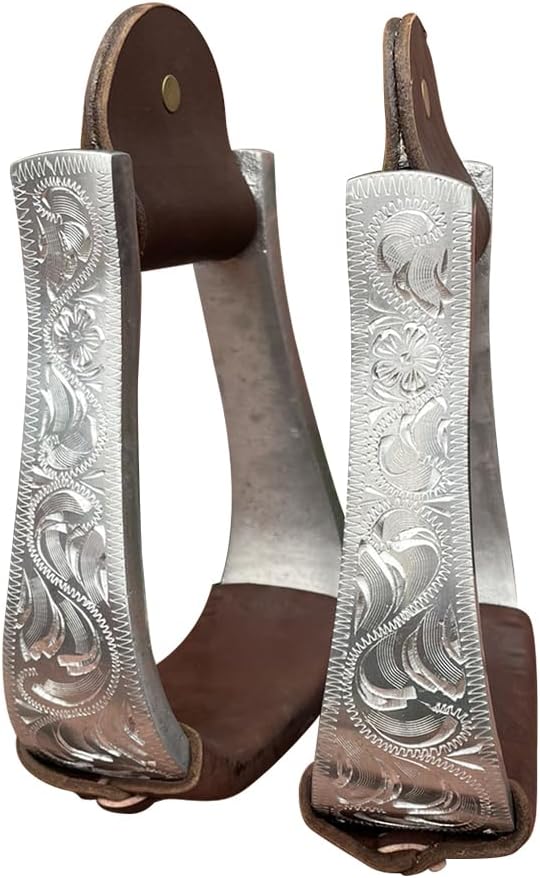 UNISTRENGH Western Horse Saddle Stirrups Aluminum Leather Tread Patterns Engraved for Equestrian Sports Saddles Accessories