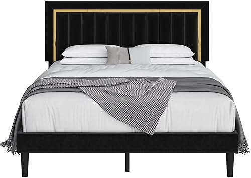Miniatura 7 de HITHOS Marco de cama tamaño Queen con cabecera ajustable copetuda plataforma tapizada de terciopelo con borde dorado base de colchón resistente con