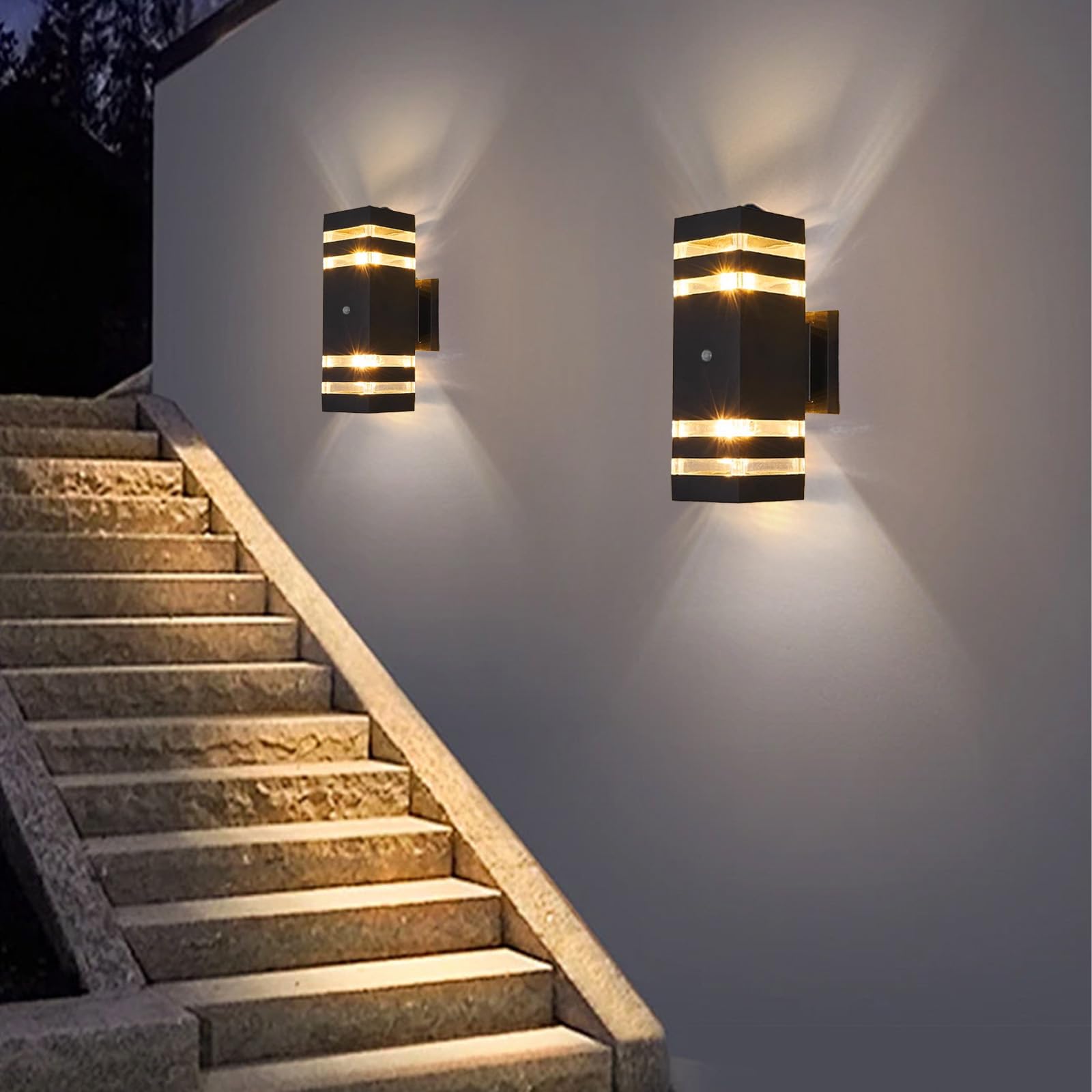 E27 Zewnętrzna lampa ścienna IP65 Wodoodporna oprawa ścienna z czujnikiem ruchu, czarna lampa ścienna do wewnątrz/na zewnątrz, ogrodzenie tarasowe w ogrodzie (białe światło, dwupiętrowe)