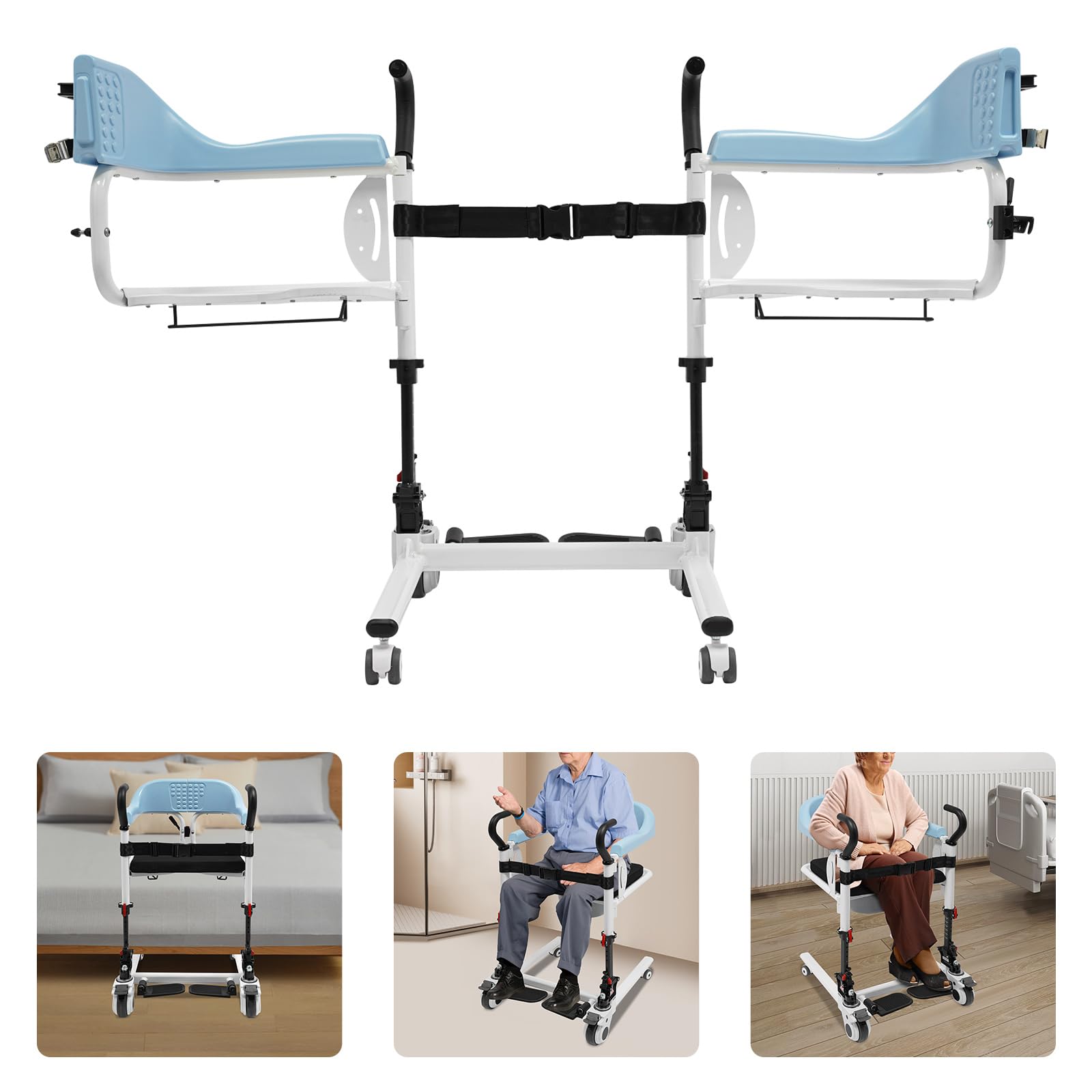 Silla elevadora de pacientes 4 en 1, altura regulable de 82 a 96 cm, plegable, aluminio, capacidad de carga de 120 kg, asiento de 180°, con ruedas de freno, cubo extraíble, para personas mayores en