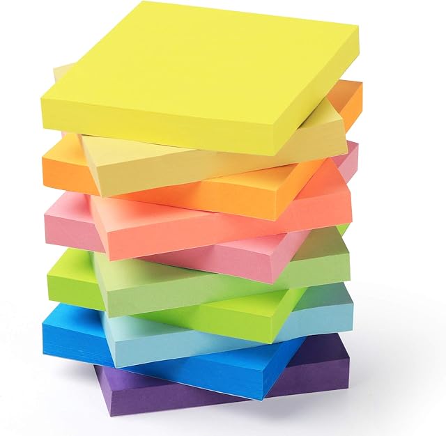 10 Pack 76 x 76 mm Super Sticky Notes, Self Sticky Notes, Post Stickies, Bright colourful notes, for Office, School, Meeting, House,1000 sheets in total, 10 colours