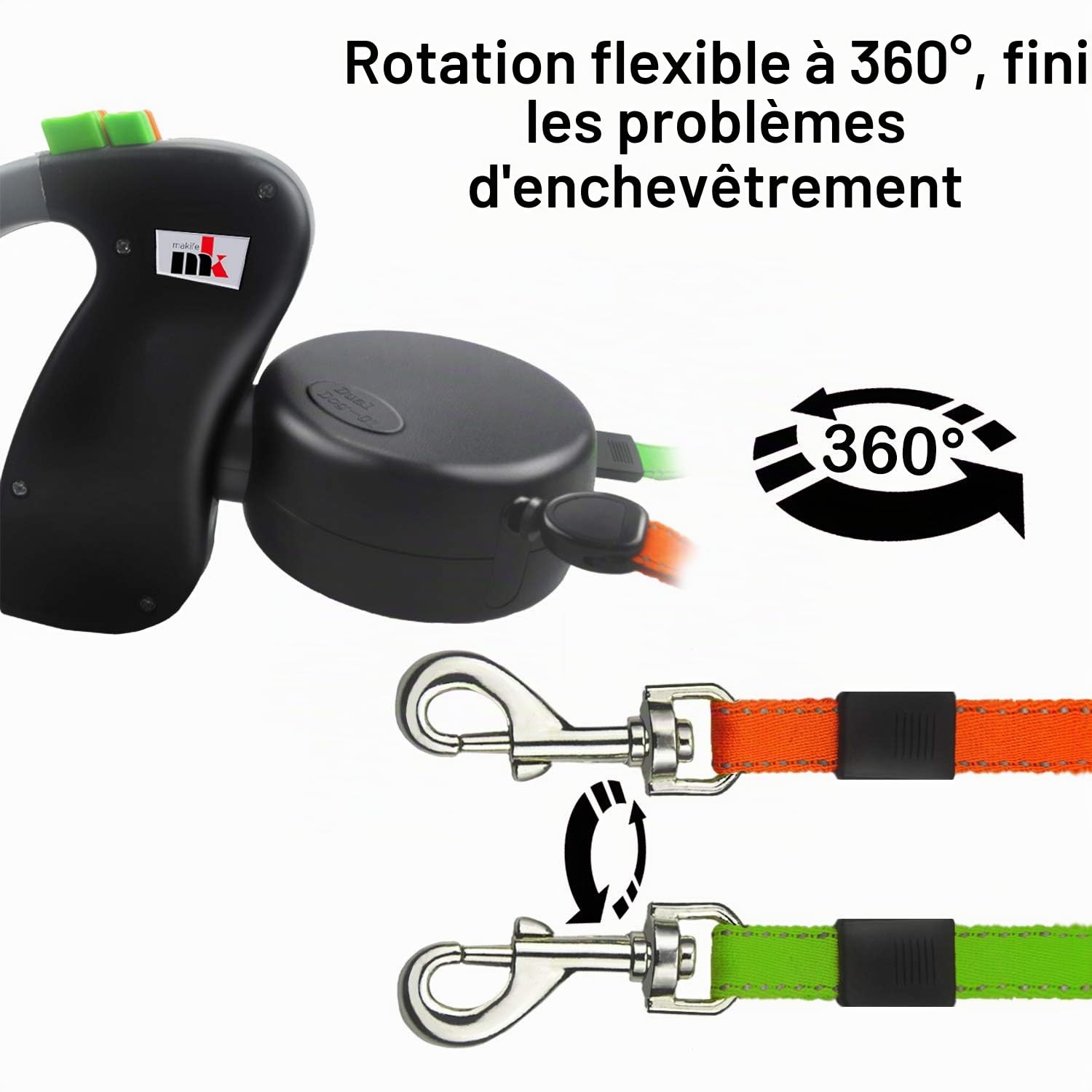 Laisse de Chien Rétractable Automatique Double pour 2 Chiens Extensible à 3 m 22.7kg par Laisse 15 pcs Sac pour Chien Noir Unie 300 cm