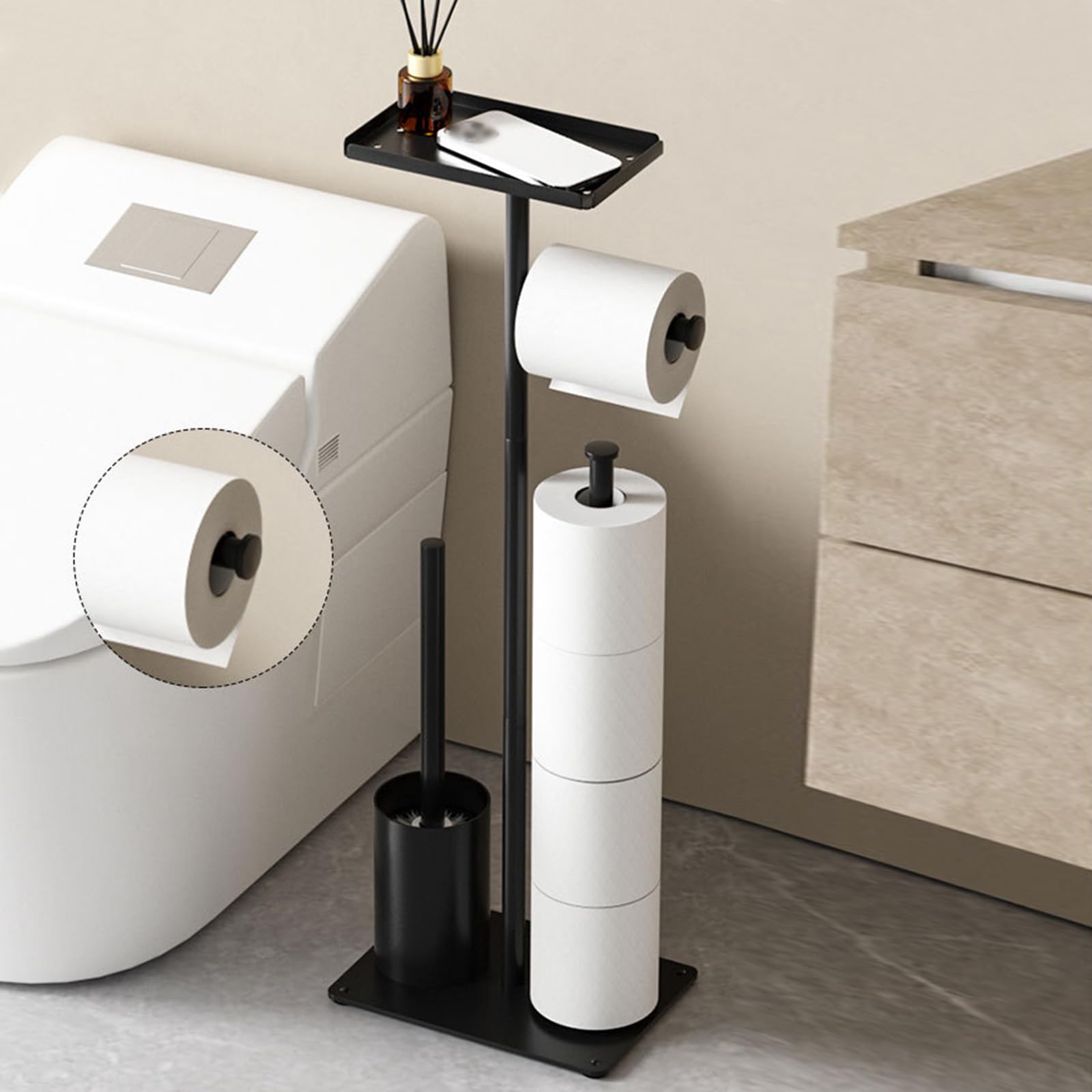 LYGSWDB Mattschwarzer Stand-Toilettenpapierhalter und Bürstenset – stilvoller Halter mit Ablage für Toilettenpapier-Reinigungstücher und Bürste – Perfekter Badezimmer-Nizer