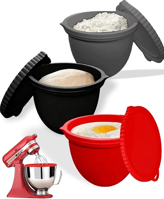 Silicone Bowl Liners for KitchenAid Mixers, 3 Pack Liners with Lids for KitchenAid Tilt-Head 5-quart Stand Mixers, Black&Red&Grey