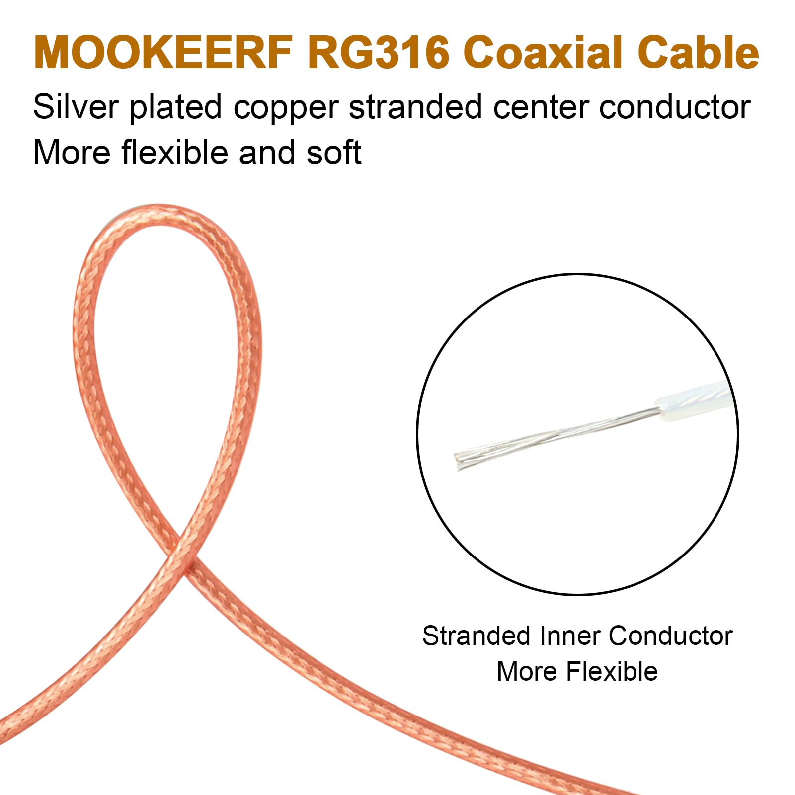 MOOKEERF Cable coaxial RG316 de 50 pies, flexible de 50 ohmios, cable RG316 de baja pérdida de 50 pies