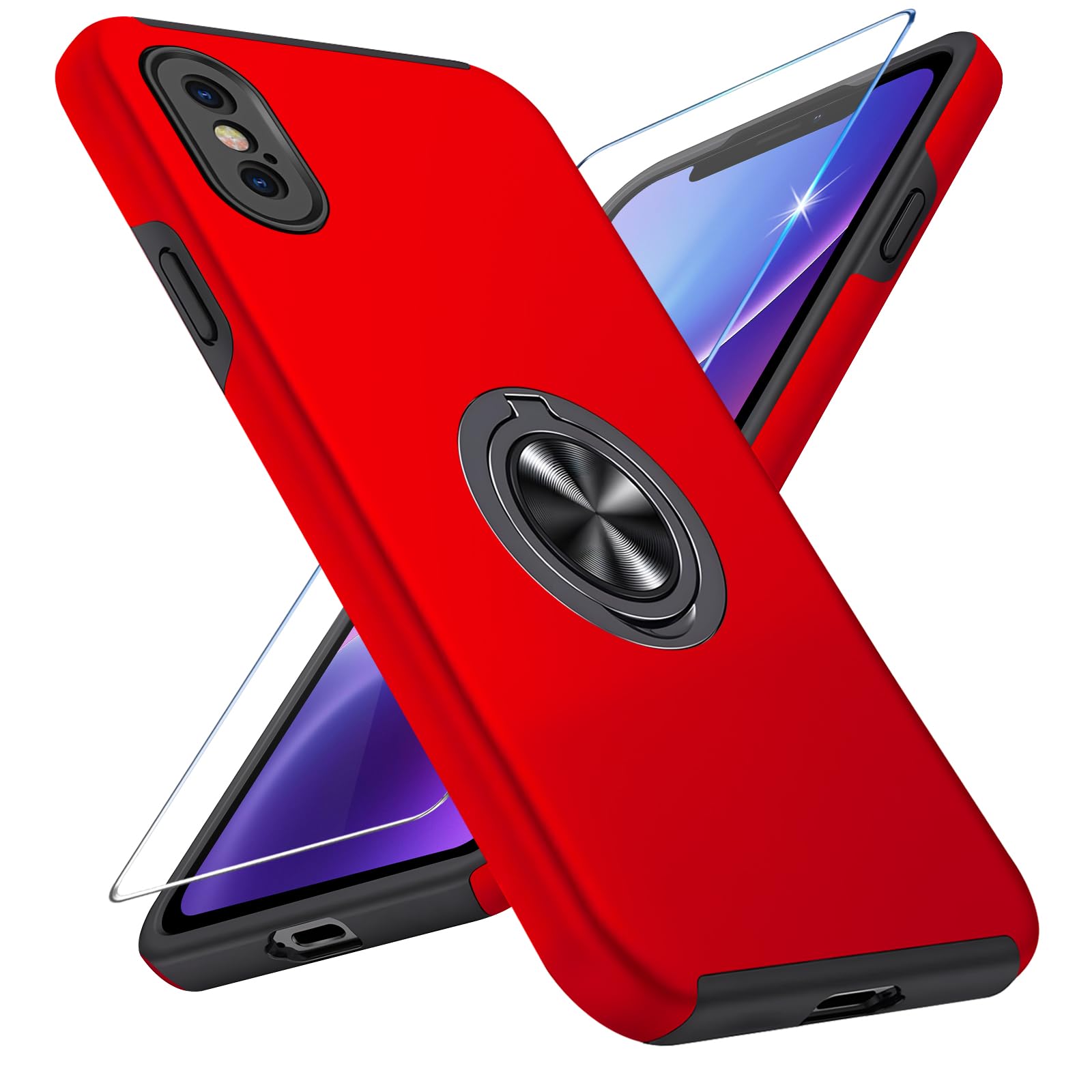 Vaki Handyhülle für iPhone X/XS Hülle mit Schutzfolie, Schutzhülle Case mit 360° Magnetischer Ring Ständer Kratzfest Fallfestigkeit Stoßfest für iPhone X/XS Cover (Rot)
