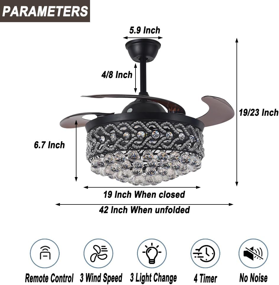 42 Inch Crystal Chandelier Ceiling Fan with Remote, Black Invisible Retractable Ceiling Fans with Lights, Modern Luxury Fandelier with 3 Speed 3 Color for Bedroom Living Dining Room