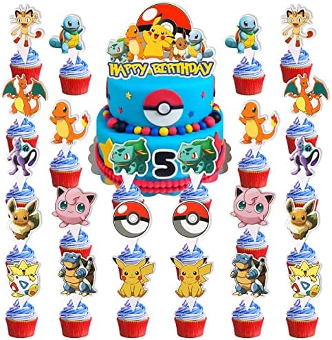 25PCS Kawaii Anime Cake Topper Cute Cartoon Cupcake Toppers Happy Birthday Cake Decoration for Kids Teens Adult Birthday Party Supplies