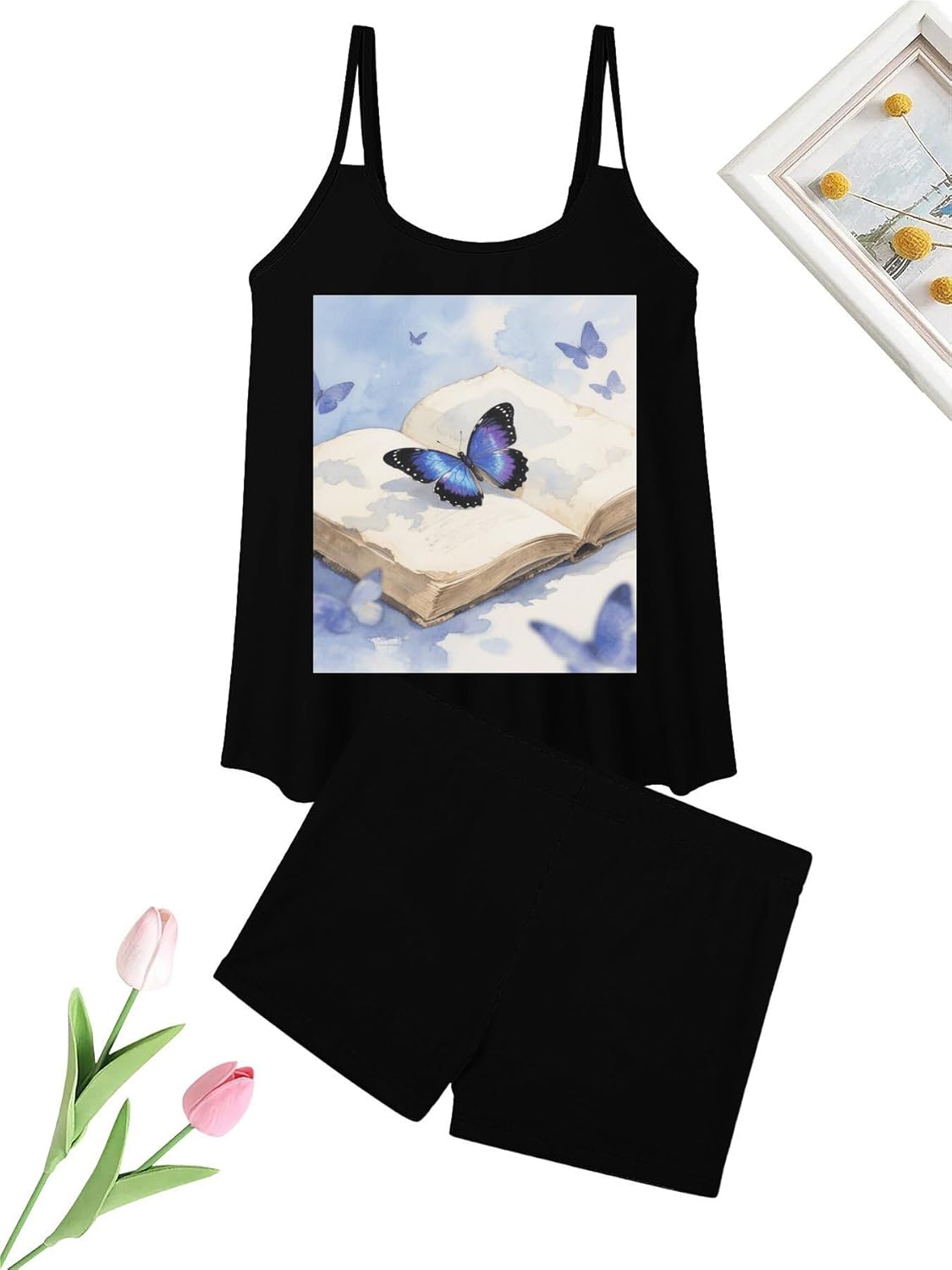 Butterfly On Book Page Tankini Swimsuits for Women Tummy Control Two Piece Bathing Suits Swim Tops with Boy Shorts