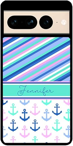 Nautical Anchors Pin Stripes Personalized Black Rubber Phone Case Compatible With Google Pixel 10, 10 Pro, 10 Pro XL, 9a, 9 Pro, Pixel 9, Pixel 9