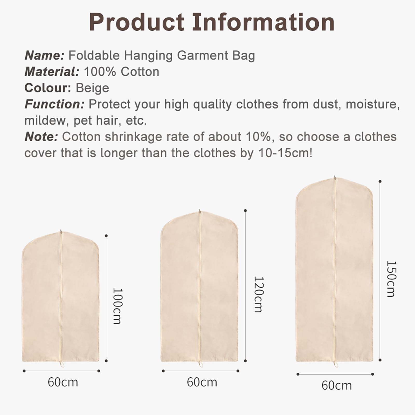 100% Algodón Fundas Para Ropa 2 Plegables Para Fundas De Viaje, Bolsas Para Vestidos Transpirables a Prueba De Polvo Fundas De Ropa Con Cremallera Para Abrigo, Piel, Chaqueta De Cuero(Size:100×60cm)