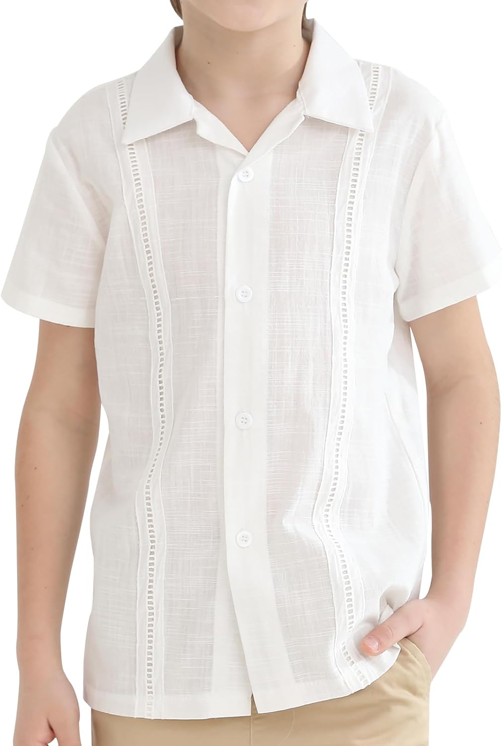 OEBLD Boys Cuban Guayabera Shirt Short Sleeve Button Down Shirts V Neck Cotton Linen Shirts