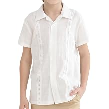 OEBLD Boys Cuban Guayabera Shirt Short Sleeve Button Down Shirts V Neck Cotton Linen Shirts