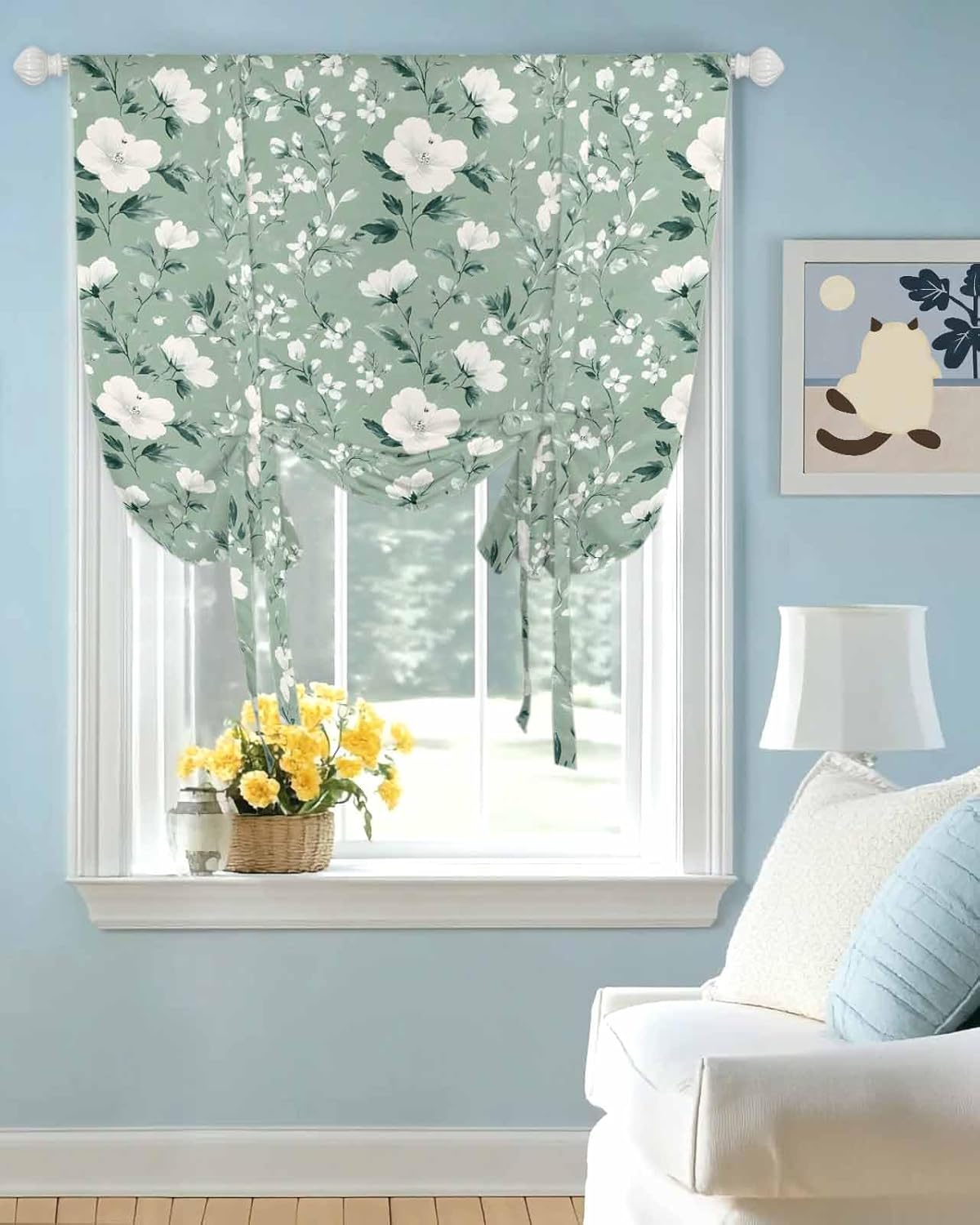 Tie Up Curtains for Windows Rustic Wild Floral Rod Pocket Tie-Up Window Shade Adjustable Balloon Curtain Valance French Green Vintage Camellia Flower for Bedroom Kitchen Bathroom Blinds,34x45in