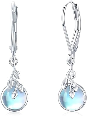 Moonstone/Malachite/Opal Leverback Earrings for Women Sterling Silver Tree Life 6mm Moonstone Dangle Earrings Jewelry Gifts Hypoallergenic Earrings for Women Daughter Sensitive Ears