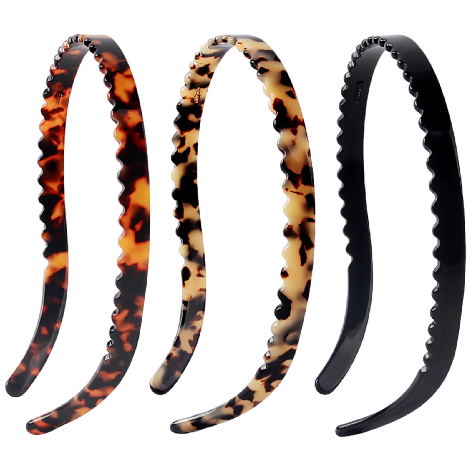 3 fasce sottili per capelli da donna, in acetato antiscivolo, 0,3 cm, leggere da 0,3 cm, design a onda, tartaruga e nero