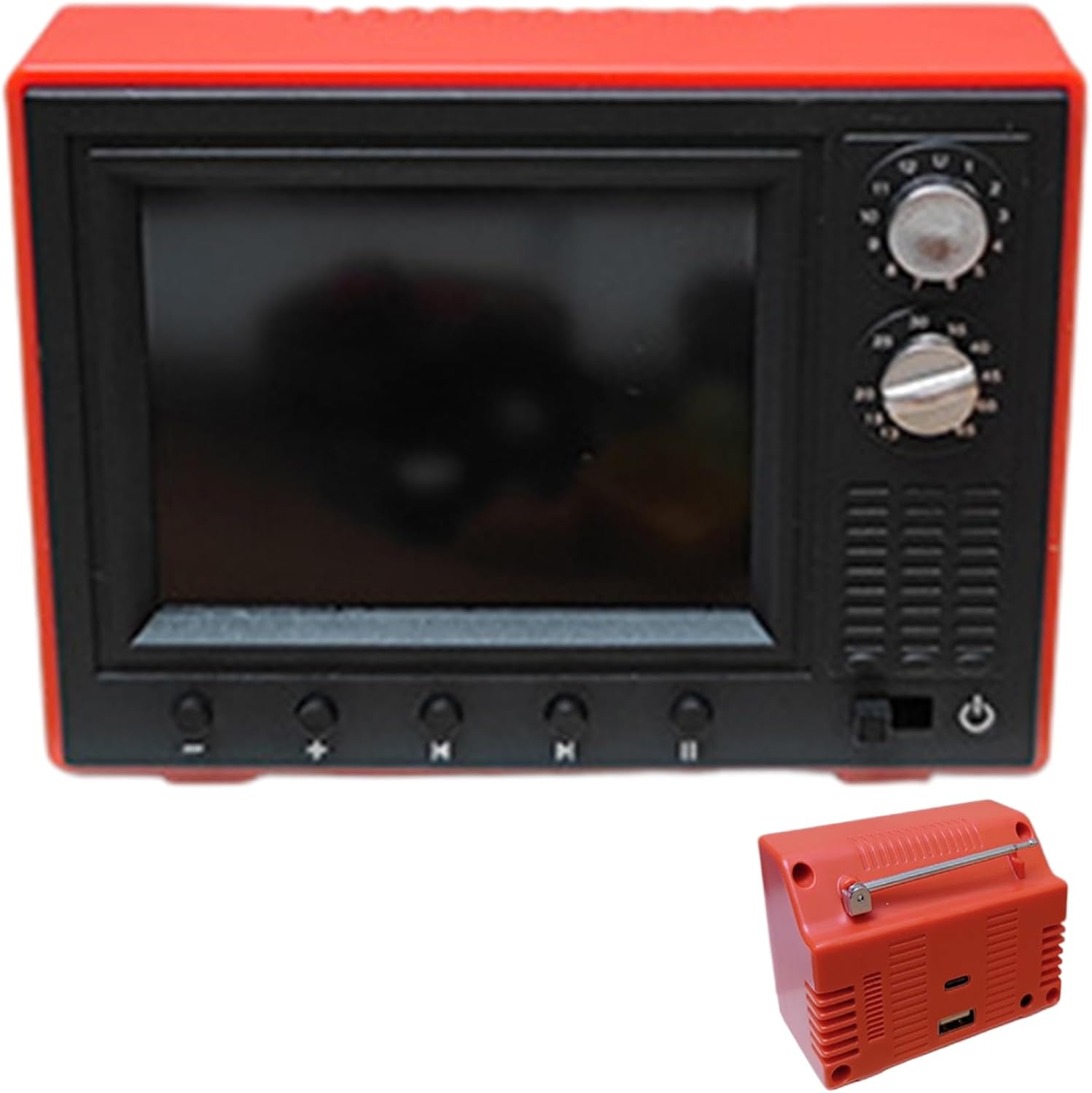 Dollhouse TV USB Rechargeable Mini TV Toy That Can Play Video with LCD Screen & 180° Rotatable Antenna Dollhouse Furniture for DIY Setting, Red