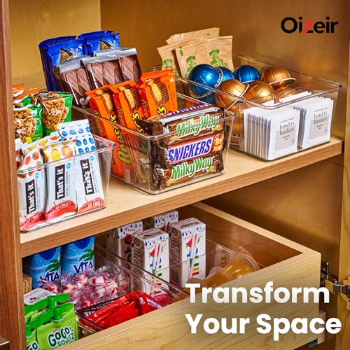 Image of Oizeir 8 Pack Clear Pantry Organizer Bins - Fridge Organizer with 3 Removable Dividers - Kitchen Pantry Organizers & Storage