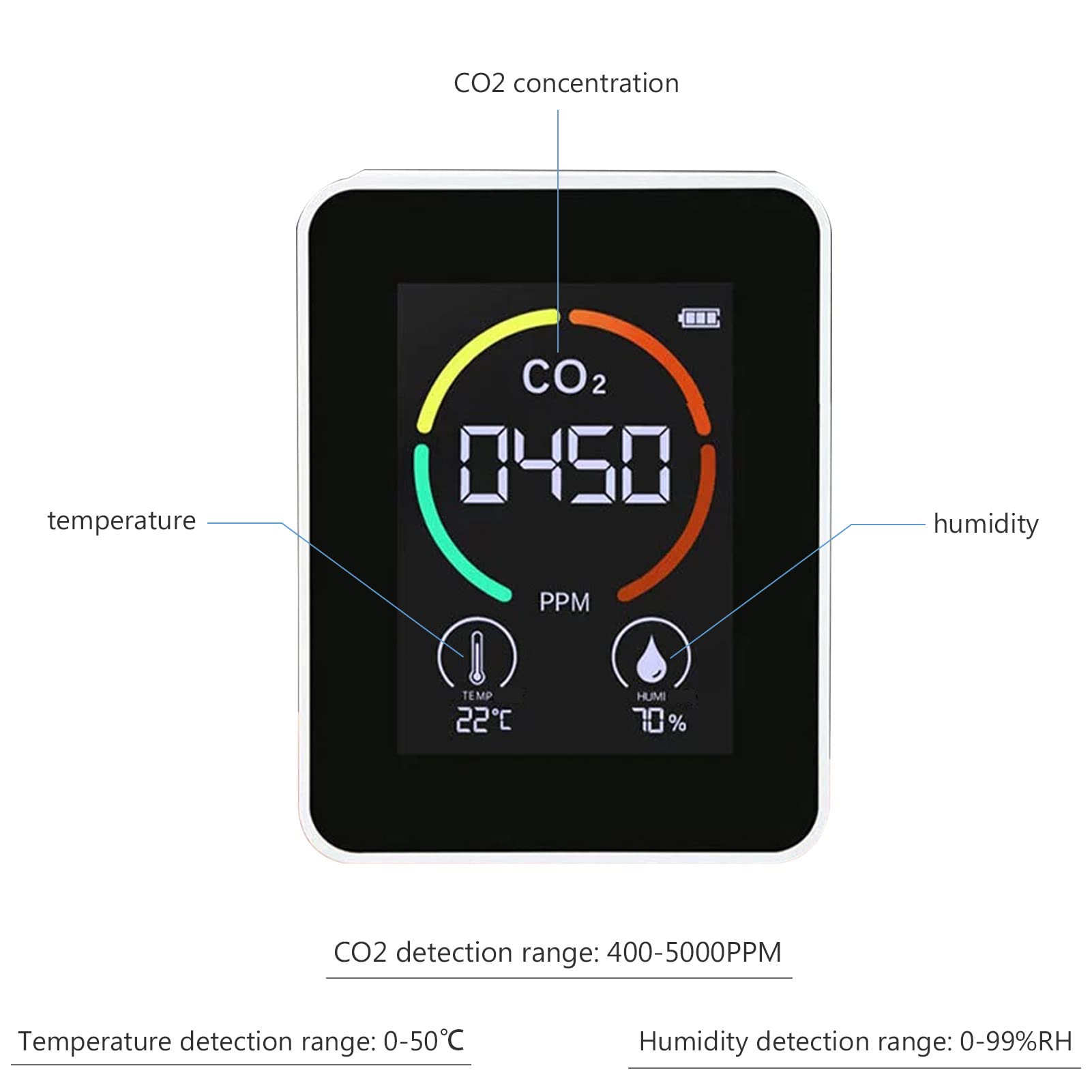 3 w 1 Detektor dwutlenku węgla Monitor jakości powietrza Analizator temperatury i wilgotności powietrza do CO2 Cyfrowy miernik CO2 do domowego biura (biały)