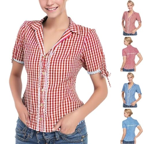 meiodtion Chemisier pour femme Oktoberfest - Rouge et blanc - À carreaux - Manches courtes - Mode traditionnelle - Costume de fête de la bière - Chemisier traditionnel bavarois moderne, 03 - Bleu, XL