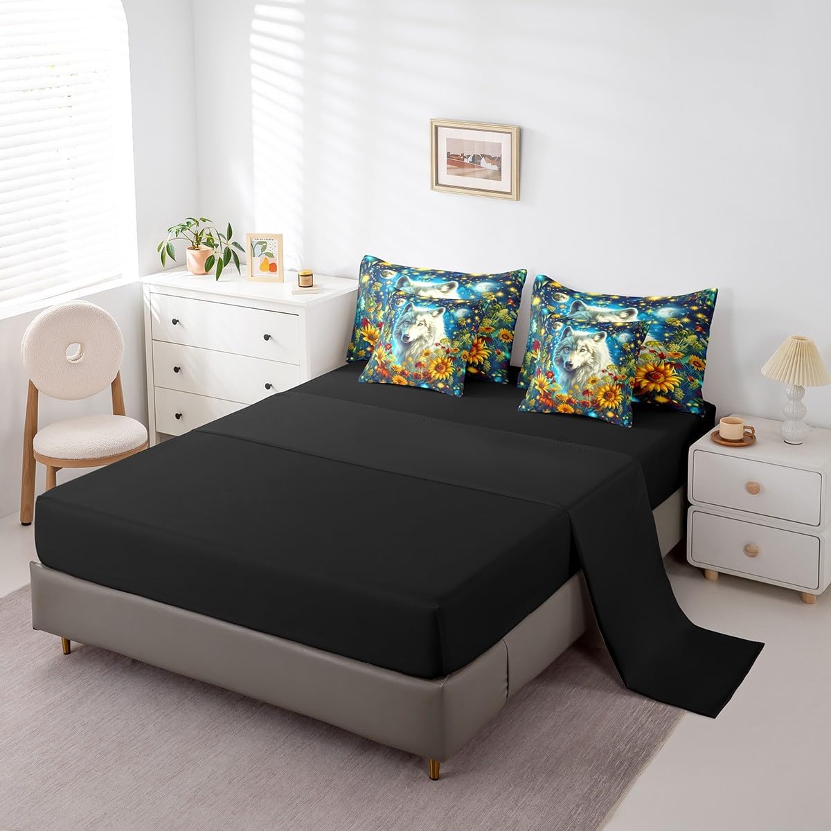 Manfei Wolf Full Bedding Set 7 Pieces,Rustic Daisy Sunflowers Natural Comforter Set with Sheets for Kids,Exotic Animal Neon Blue Sky Moon Stars Glitter Bed Set in a Bag with Pillow Covers