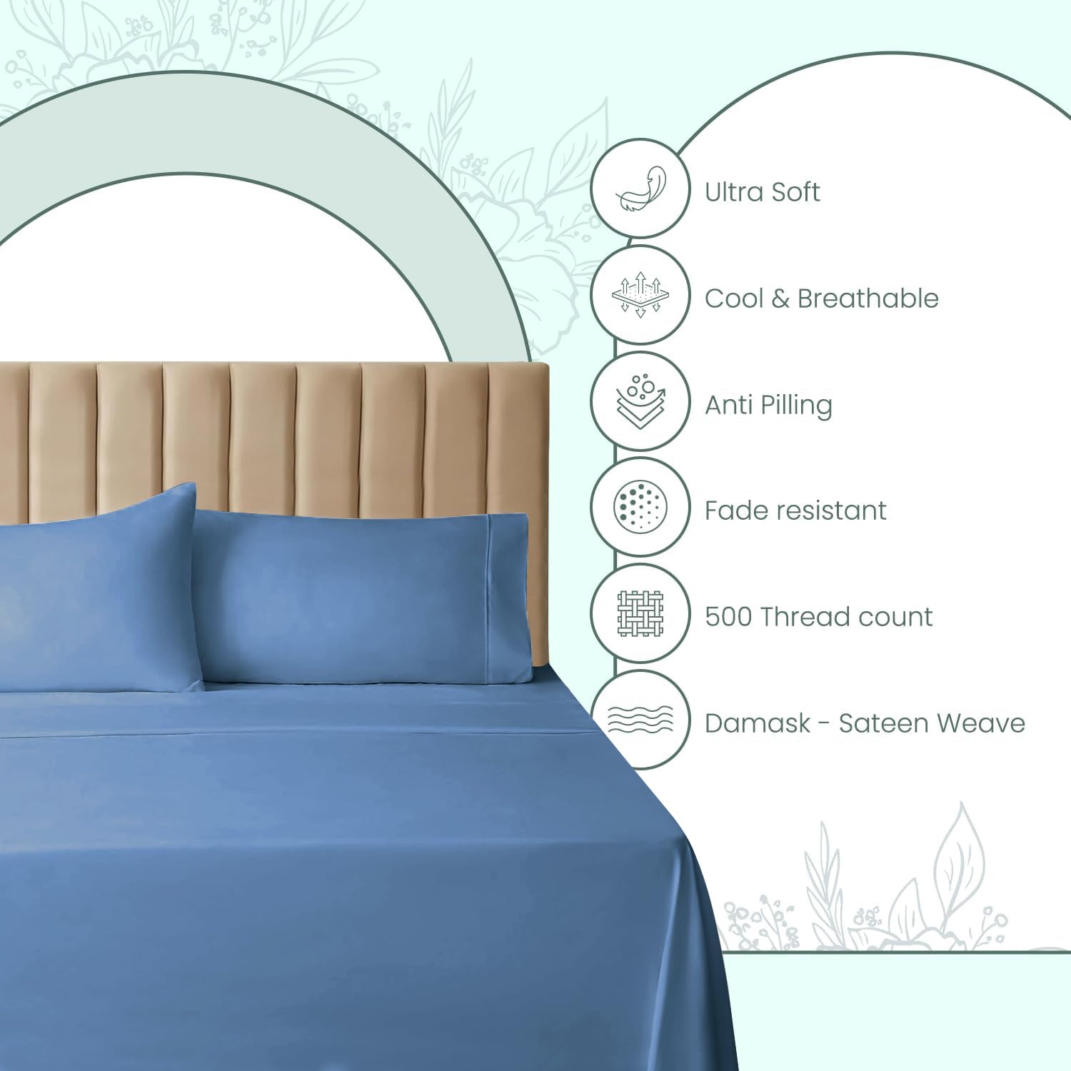 Feather & Stitch King Size Fitted Sheet - 500TC 100% Cotton Damask Sateen, Ultra Soft, 18" Deep Pocket For Mattress (Semolina Stripe)