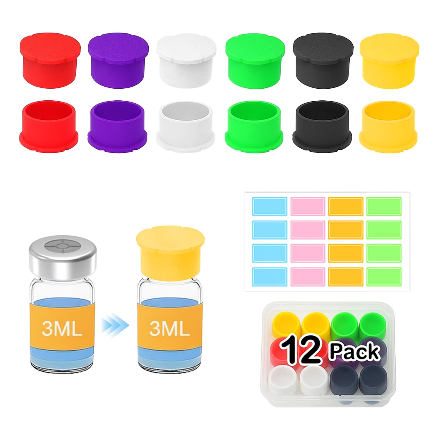 Upgraded 12PCS 3ml Protective Vial Caps with Labels, 6 Assorted Colors Leak-Proof Dust-Resistant Lid Covers, Easy to Clean and Reusable