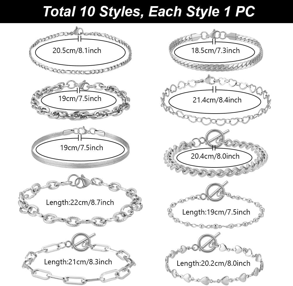 PH PandaHall 10 Styles Chain Bracelets, Cuban Link Bracelet Stainless Steel Bracelets Rope/Paperclip/Snake Curb Chunky Chain Bracelet Wrist for Men Women Dad HusJewelry Set,7-1/4~8-5/8 inch - Image 4