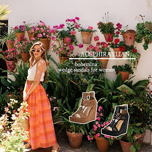 AOSPHIRAYLIAN Wedge Sandals for Women Open Toe Cutout Platform Bohemian Sandals High Heel Buckle Ankle Strap Comfy Summer Sandals2