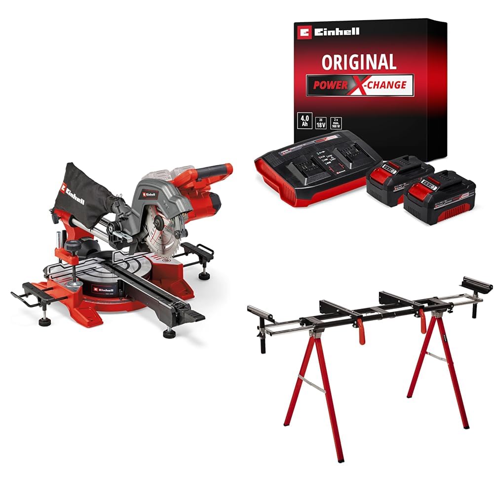 Einhell TE-SM 36/8 L Li-Solo Akülü Gönye Testere + 18V 2 x 4,0 Ah PXC Twincharger Kit, Akü ve Şarj Cihazı + MSS 1608, Gönye Kesme Standı
